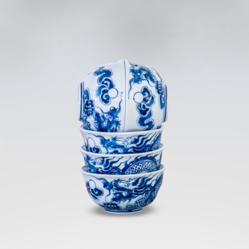 Bát cúng cơm rồng trắng xanh khắc nổi vẽ tay