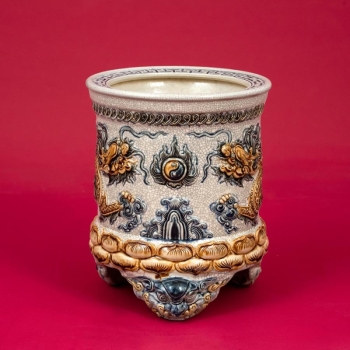 Bát hương 3 chân Long Chầu Nguyệt đắp nổi men rạn cao cấp Bát Tràng