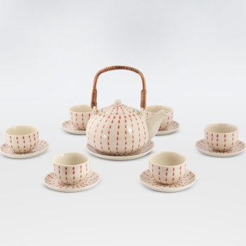Bộ ấm chén chấm mưa đỏ quai mây 600ml