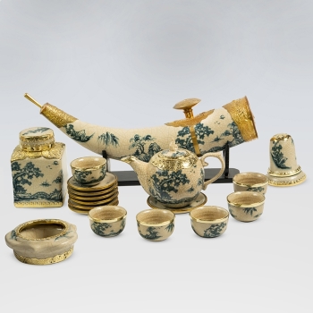 Bộ ấm chén chóp lửa sơn thủy bọc đồng số 2 kèm phụ kiện