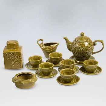 Bộ ấm chén chóp sen họa tiết nổi kèm phụ kiện