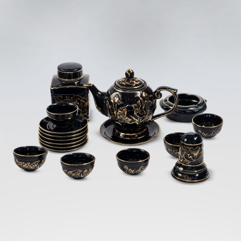 Bộ ấm chén chóp vẽ vàng kèm phụ kiện số 2 kèm phụ kiện