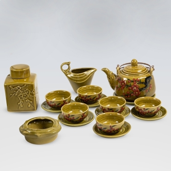 Bộ ấm chén đào trơn vàng kèm phụ kiện