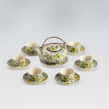 Bộ ấm chén dẹt hoa vàng quai đồng 350ml