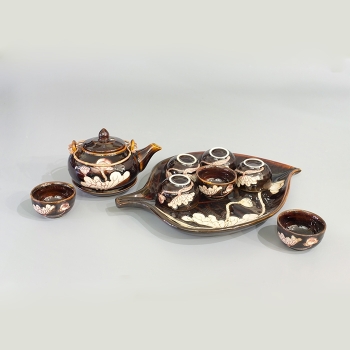 Bộ ấm chén độc ẩm gấm sen kèm khay lá