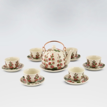 Bộ ấm chén hoa đào đỏ quai đồng