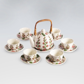 Bộ ấm chén hoa đào đỏ quai mây 600ml