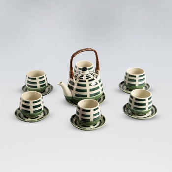 Bộ ấm chén kẻ xanh quai mây 600ml