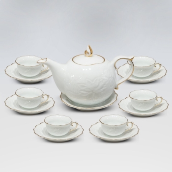 Bộ ấm chén khắc sen men trắng viền vàng