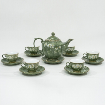 Bộ ấm chén men đá xanh rêu vàng kim vẽ hoa 1100ml