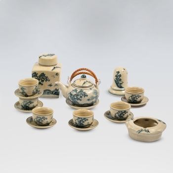 Bộ ấm chén quả hồng rạn sơn thủy quai mây kèm phụ kiện