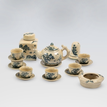 Bộ ấm chén quả hồng rạn sơn thủy quai sứ kèm phụ kiện