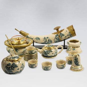 Bộ ấm chén quả hồng sơn thủy rạn bọc đồng kèm phụ kiện