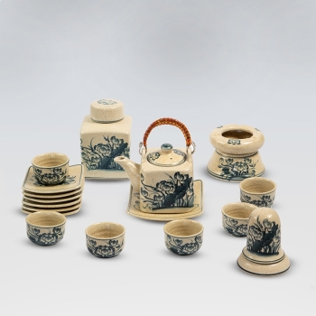 Bộ ấm chén rạn vuông hoa sen kèm phụ kiện