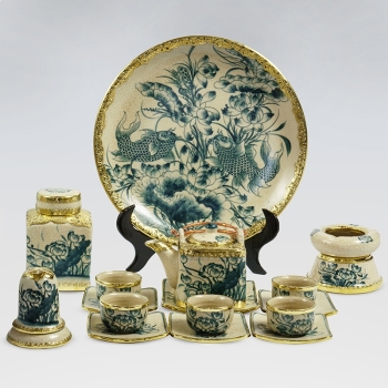 Bộ ấm chén rạn vuông sen bọc đồng kèm phụ kiện