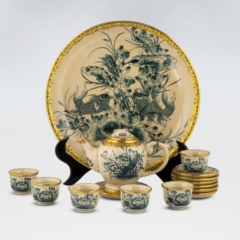 Bộ ấm chén sen dáng minh long men rạn bọc đồng kèm đĩa cảnh