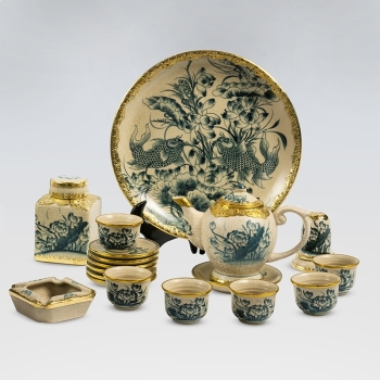 Bộ ấm chén sen dáng minh long men rạn bọc đồng kèm phụ kiện