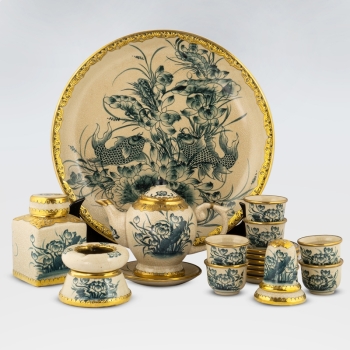 Bộ ấm chén sen dáng minh long men rạn bọc đồng kèm phụ kiện mẫu 2