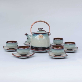 Bộ ấm chén siêu xanh men hỏa biến phấn hồng