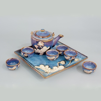 Bộ ấm chén xanh sen dáng cao kèm khay