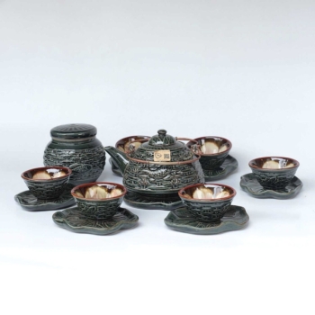 Bộ ấm vuốt tay khắc nổi Cá Chép Liên Hoa kèm hũ trà