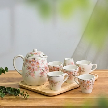 Bộ bình nước 1 lít vẽ tay kèm khay gỗ