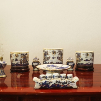 Bộ đồ thờ Phúc Lộc men lam vẽ vàng 24k