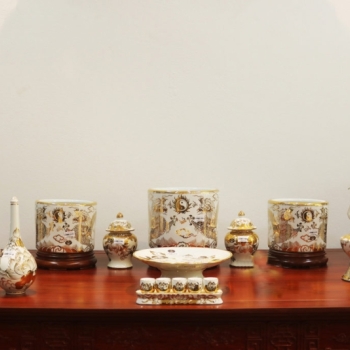 Bộ đồ thờ Phúc Lộc men trắng vẽ vàng 24K