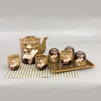 Bộ tích gấm sen men hỏa biến khay vuông