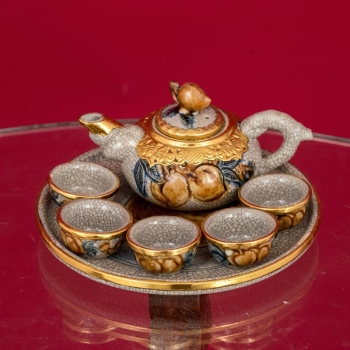 Bộ trà thờ đắp nổi men rạn bọc đồng thếp vàng cao cấp Bát Tràng