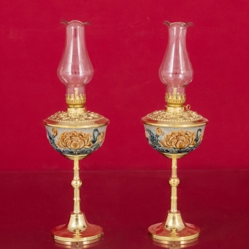 Đèn thờ Bát chân đồng dát vàng men rạn đắp nổi Sen cao cấp Bát Tràng