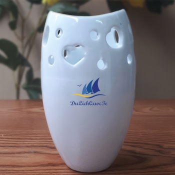 Lọ hoa sứ men trắng in logo dáng miệng cá S5