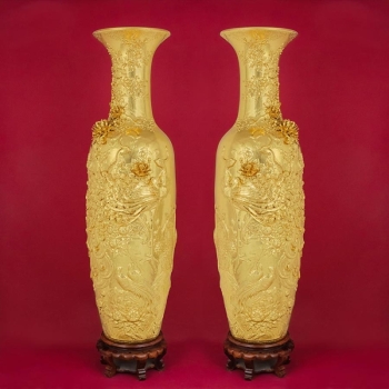 Lọ lọc bình đắp nổi men rạn Phú Quý Trường Xuân dát vàng toàn thân cao cấp Bát Tràng