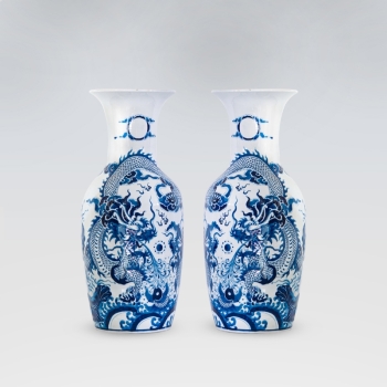 Lục bình rồng trắng xanh khắc nổi vẽ tay H52 (đôi)