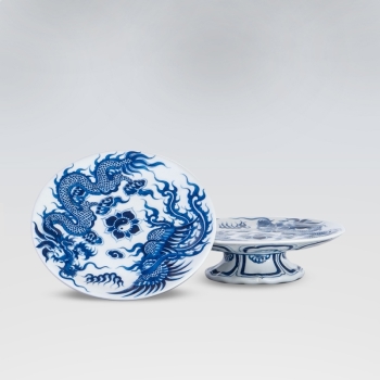 Mâm bồng long phụng phi 27 trắng xanh khắc nổi vẽ tay