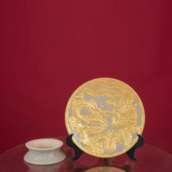 Mâm bồng men rạn đắp nổi Long Phụng Chầu Nguyệt dát vàng cao cấp Bát Tràng